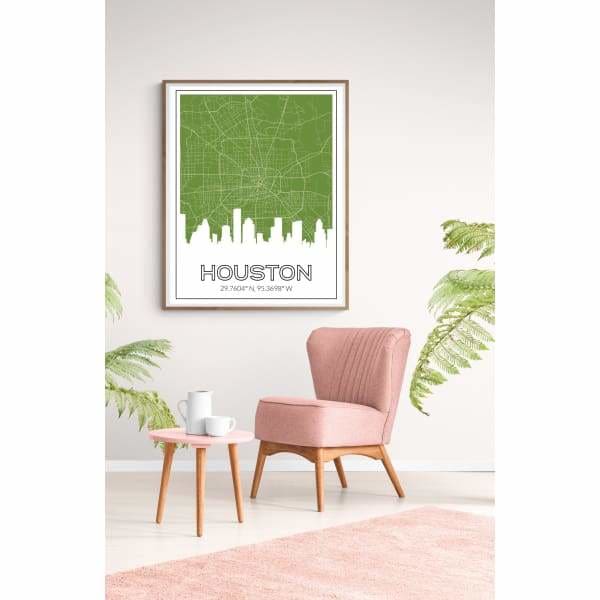 Houston Texas road map and skyline - 5x7 Unframed Print / OliveDrab - Road Map and Skyline