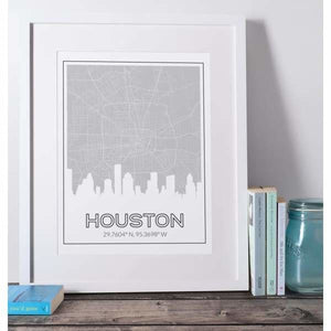 Houston Texas road map and skyline - 5x7 Unframed Print / Silver - Road Map and Skyline