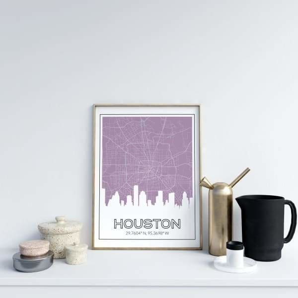 Houston Texas road map and skyline - 5x7 Unframed Print / Thistle - Road Map and Skyline