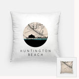 Huntington Beach California city skyline with vintage Huntington Beach map - Pillow | Square - City Map Skyline