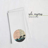 Isla Mujeres Mexico city skyline with vintage Isla Mujeres map - Tea Towel - City Map Skyline