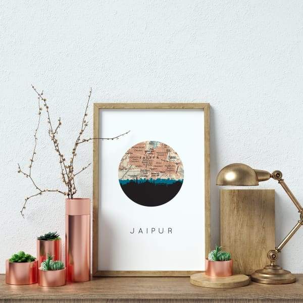 Jaipur India city skyline with vintage Jaipur map - City Map Skyline