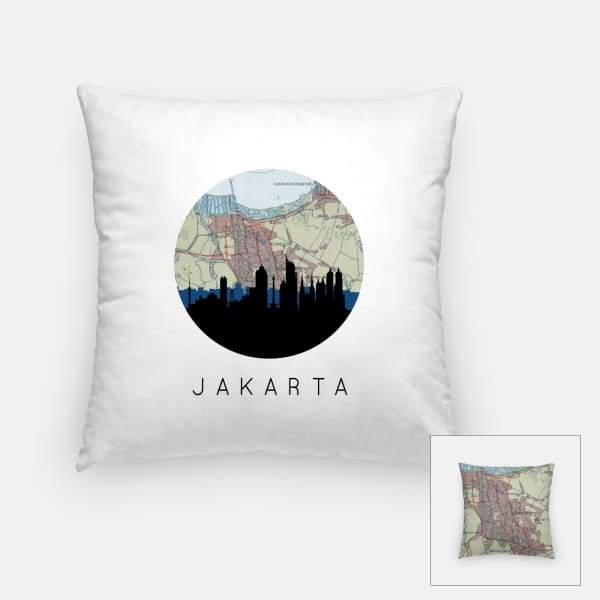 Jakarta Indonesia city skyline with vintage Jakarta map - Pillow | Square - City Map Skyline