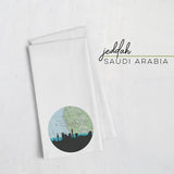 Jeddah Saudi Arabia city skyline with vintage Jeddah map - Tea Towel - City Map Skyline
