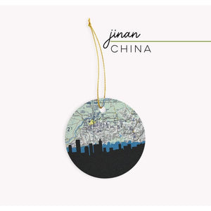 Jinan China city skyline with vintage Jinan map - Ornament - City Map Skyline