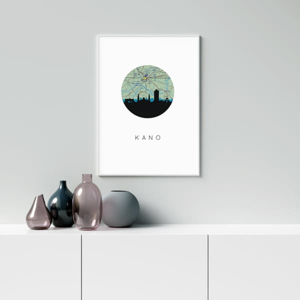 Kano Nigeria city skyline with vintage Kano map - 5x7 Unframed Print - City Map Skyline