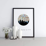 Kansas City Missouri city skyline with vintage Kansas City map - 5x7 FRAMED Print - City Map Skyline