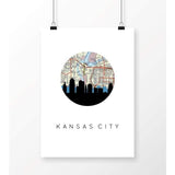Kansas City Missouri city skyline with vintage Kansas City map - 5x7 Unframed Print - City Map Skyline