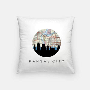 Kansas City Missouri city skyline with vintage Kansas City map - Pillow | Square - City Map Skyline