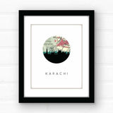 Karachi Pakistan city skyline with vintage Karachi map - 5x7 Unframed Print - City Map Skyline
