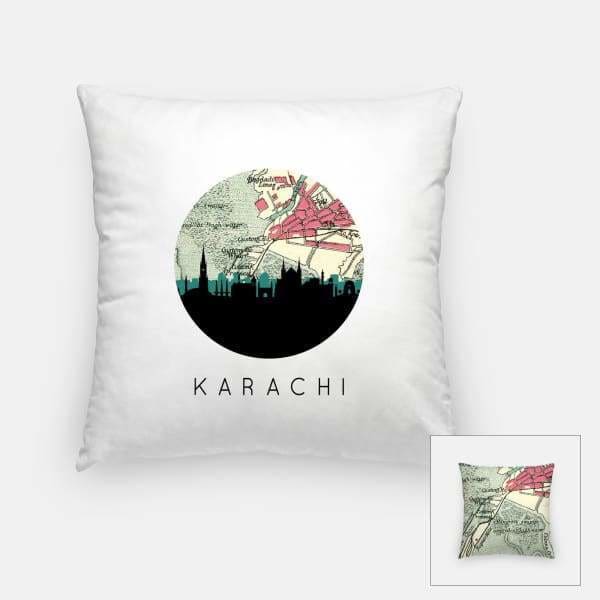 Karachi Pakistan city skyline with vintage Karachi map - Pillow | Square - City Map Skyline