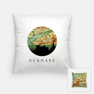 Kenmare city skyline with vintage Kenmare map - Pillow | Square - City Map Skyline