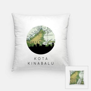 Kota Kinabalu Malaysia city skyline with vintage Kota Kinabalu map - Pillow | Square - City Map Skyline