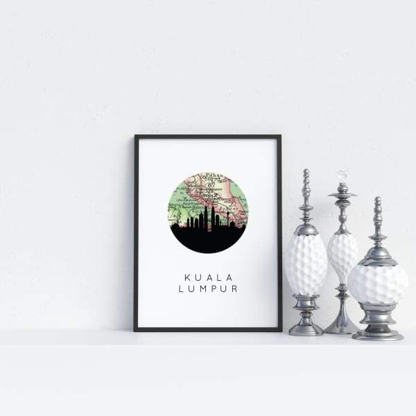 Kuala Lumpur Malaysia city skyline with vintage Kuala Lumpur map - 5x7 Unframed Print - City Map Skyline