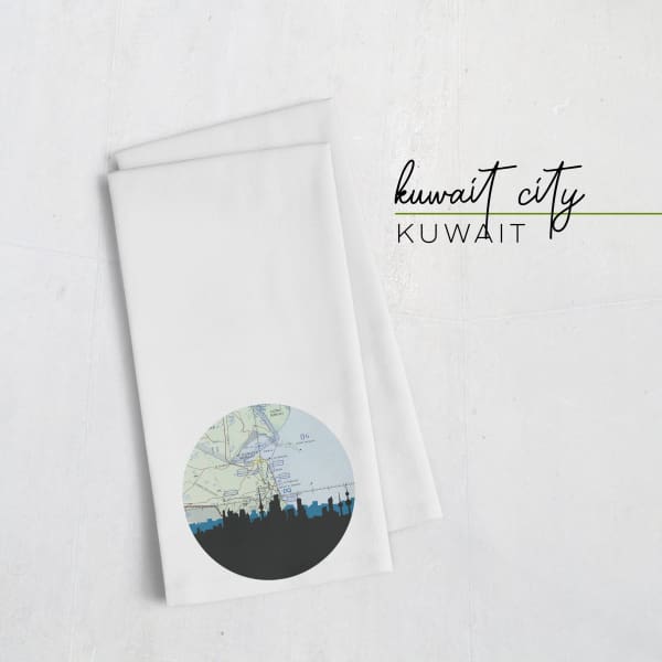 Kuwait City Kuwait city skyline with vintage Kuwait City map - Tea Towel - City Map Skyline
