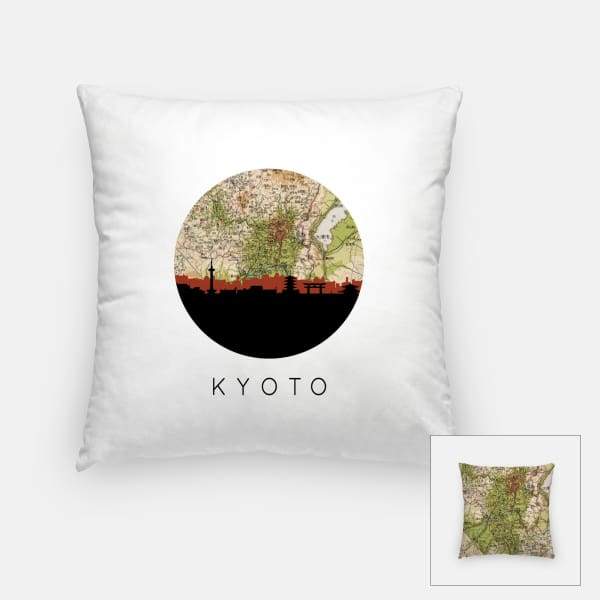 Kyoto city skyline with vintage Kyoto map - Pillow | Square - City Map Skyline