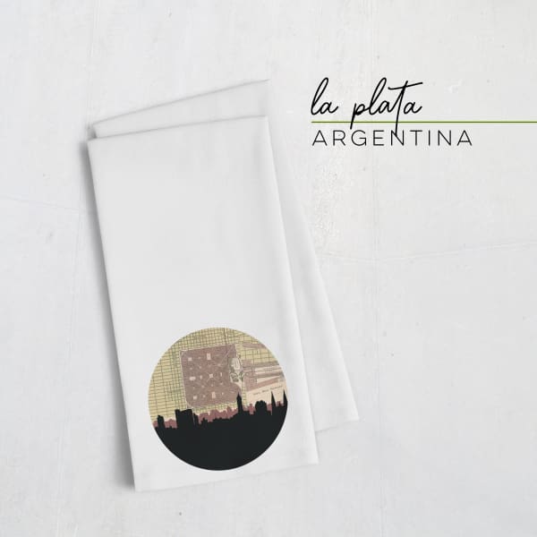 La Plata Argentina city skyline with vintage La Plata map - Tea Towel - City Map Skyline
