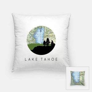 Lake Tahoe California city skyline with vintage Lake Tahoe California map - Pillow | Square - City Map Skyline