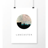 Lancaster Pennsylvania city skyline with vintage Lancaster map - 5x7 Unframed Print - City Map Skyline