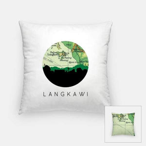 Langkawi Malaysia city skyline with vintage Langkawi map - Pillow | Square - City Map Skyline