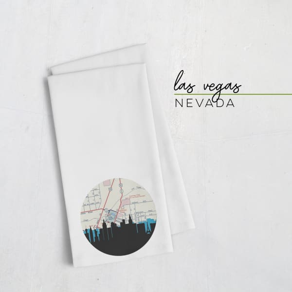 Las Vegas Nevada city skyline with vintage Las Vegas map - Tea Towel - City Map Skyline