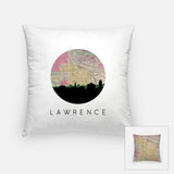 Lawrence Kansas city skyline with vintage Lawrence map - Pillow | Square - City Map Skyline