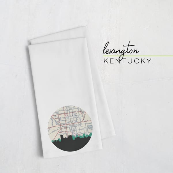 Lexington Kentucky city skyline with vintage Lexington map - Tea Towel - City Map Skyline