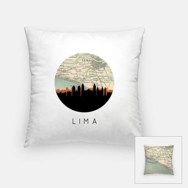 Lima Peru city skyline with vintage Lima map - Pillow | Square - City Map Skyline