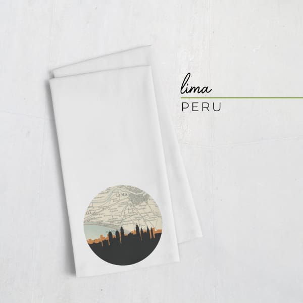 Lima Peru city skyline with vintage Lima map - Tea Towel - City Map Skyline