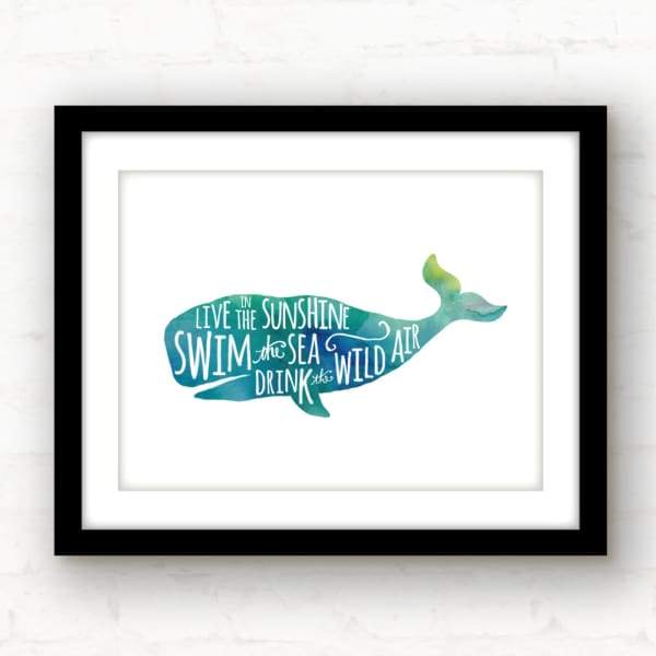 Live in the Sunshine watercolor whale - 5x7 FRAMED Print - Quotes