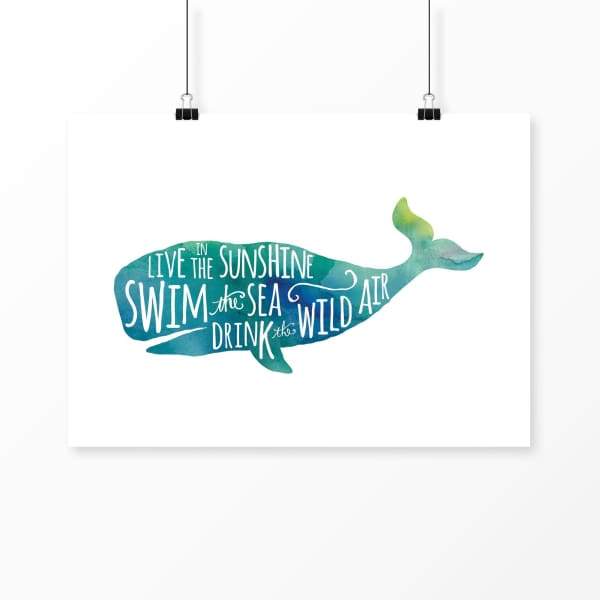Live in the Sunshine watercolor whale - 5x7 Unframed Print - Quotes