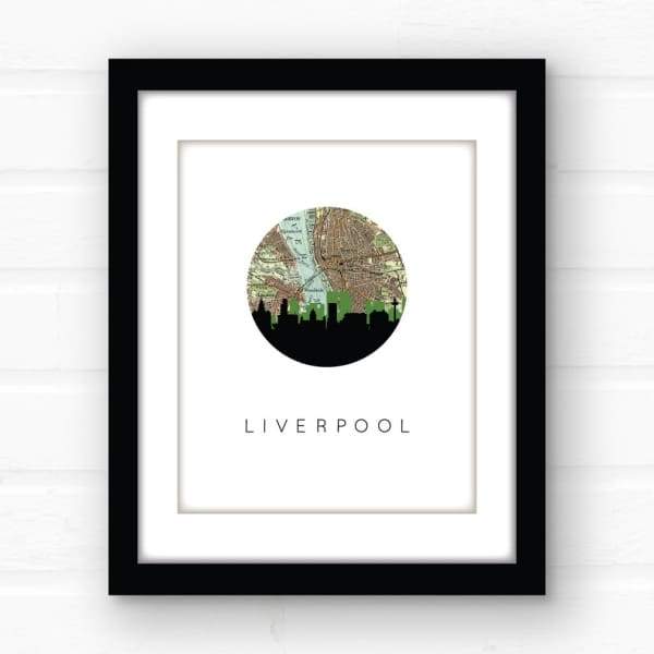 Liverpool city skyline with vintage Liverpool map - 5x7 Unframed Print - City Map Skyline
