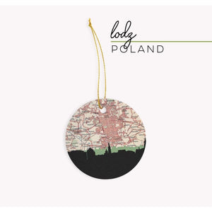 Lodz city skyline with vintage Lodz map - Ornament - City Map Skyline