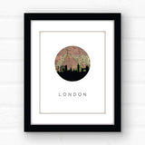 London city skyline with vintage London map - 5x7 FRAMED Print - City Map Skyline
