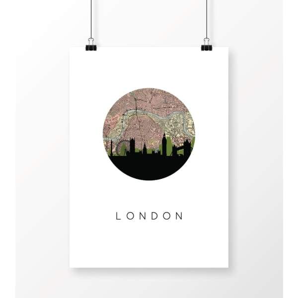 London city skyline with vintage London map - 5x7 Unframed Print - City Map Skyline