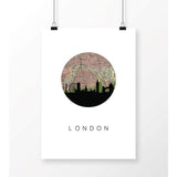London city skyline with vintage London map - 5x7 Unframed Print - City Map Skyline