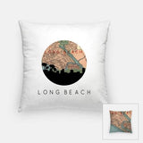 Long Beach California city skyline with vintage Long Beach map - Pillow | Square - City Map Skyline