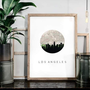 Los Angeles California city skyline with vintage Los Angeles map - City Map Skyline