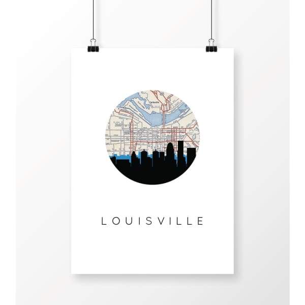 Louisville Kentucky city skyline with vintage Louisville map - City Map Skyline
