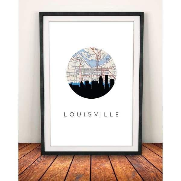 Louisville Kentucky city skyline with vintage Louisville map - 5x7 Unframed Print - City Map Skyline