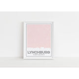 Lynchburg Tennessee skyline and map art print with city coordinates - 5x7 Unframed Print / MistyRose - Road Map and Skyline