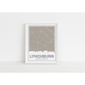 Lynchburg Tennessee skyline and map art print with city coordinates - 5x7 Unframed Print / Tan - Road Map and Skyline