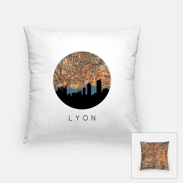 Lyon city skyline with vintage Lyon map - Pillow | Square - City Map Skyline