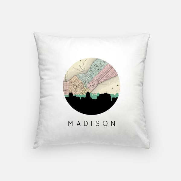Madison Wisconsin city skyline with vintage Madison map - Pillow | Square - City Map Skyline
