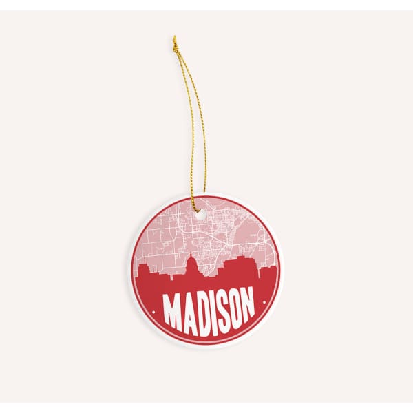 Madison Wisconsin skyline and city map design | in multiple colors - Ornament / Red - City Map Skyline