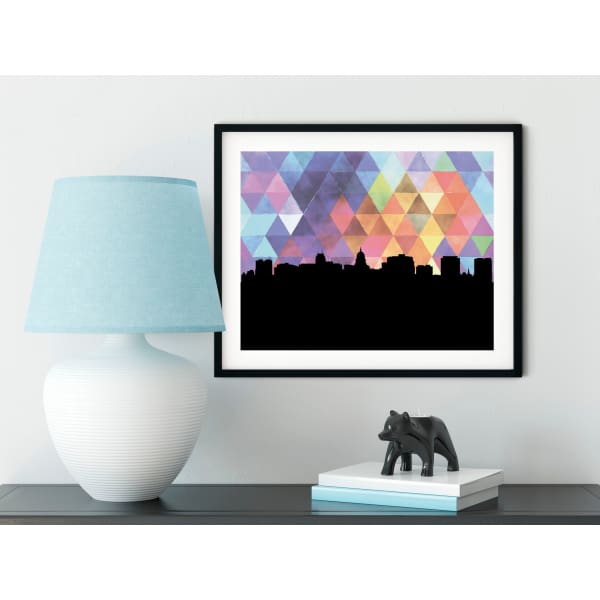Madison Wisconsin skyline with geometric triangle background - 5x7 Unframed Print / Purple - City Map Skyline