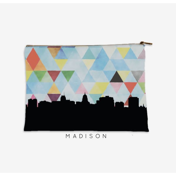 Madison Wisconsin skyline with geometric triangle background - Pouch | Small / Blue - City Map Skyline