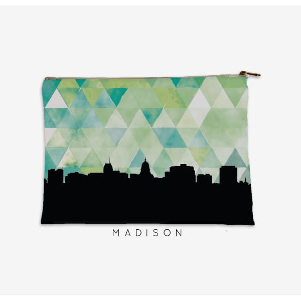 Madison Wisconsin skyline with geometric triangle background - Pouch | Small / Green - City Map Skyline