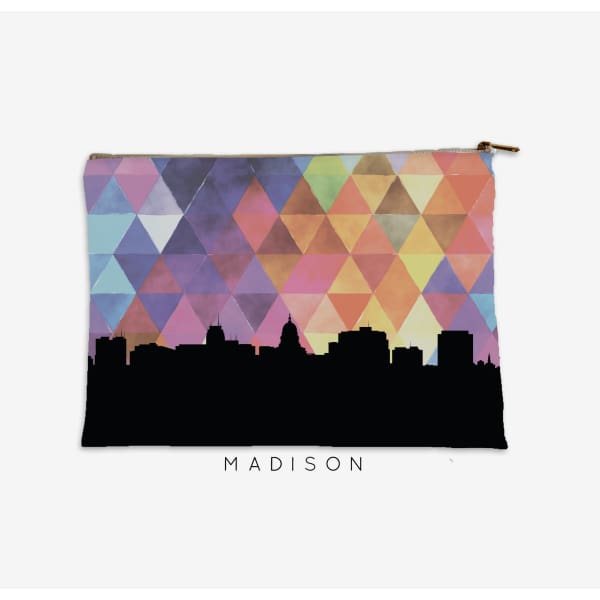 Madison Wisconsin skyline with geometric triangle background - Pouch | Small / Purple - City Map Skyline