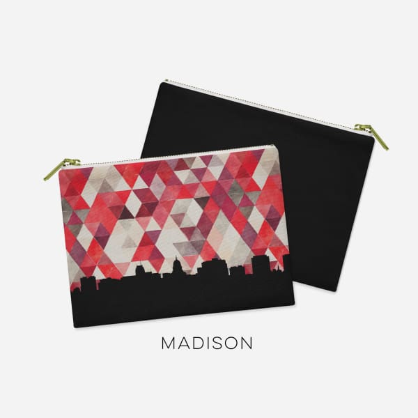 Madison Wisconsin skyline with geometric triangle background - Pouch | Small / Red - City Map Skyline